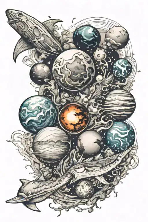 outer space w planets on shoulder into beach scene with underwater animals on forearm tattoo design idea