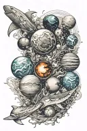outer space w planets on shoulder into beach scene with underwater animals on forearm tattoo design idea