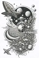 outer space w planets on shoulder into beach scene with underwater animals on forearm tattoo design idea