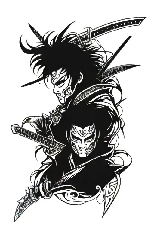 samurai warriors with cyberpunk opera mask tattoo design idea