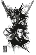 samurai warriors with cyberpunk opera mask tattoo design idea