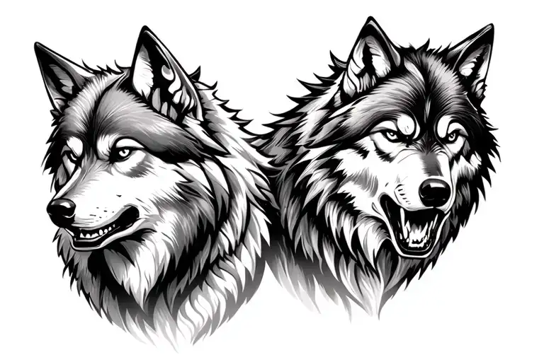 two wolves one calm one angry wolf tattoo design idea