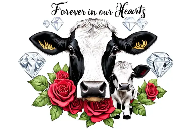 "Forever in our Hearts " "Forever in our Hearts " "Forever in our Hearts "  cow,roses,diamonds and baby calf tattoo design idea