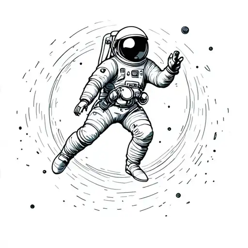 astronaut floating towards camera in outer space reaching for camera with one arm. black hole in background  tattoo design idea
