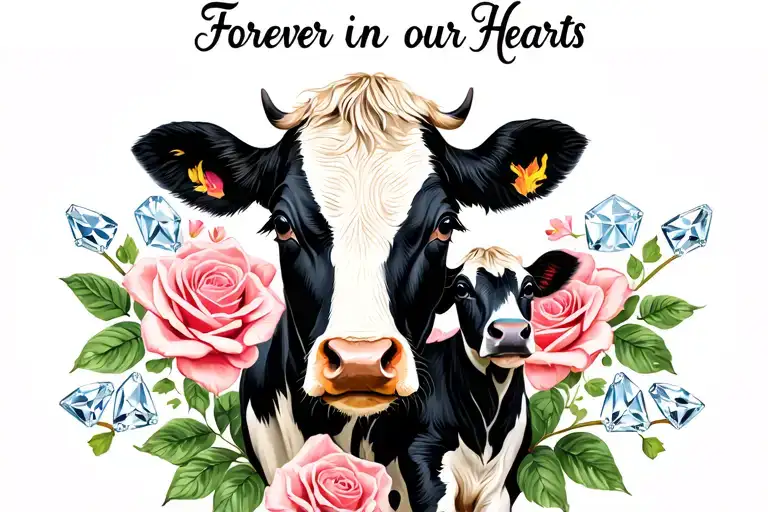 "Forever in our Hearts " Roses, diamonds,cow, and baby cow  tattoo design idea