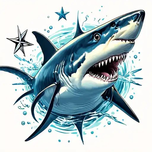 Create an image of a tattoo. A very realistic hammer head shark swimming. With a nautical star and other stars. Also som tattoo design idea