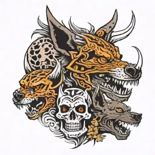 skull and devil and hyena tattoo design idea