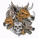 skull and devil and hyena tattoo design idea