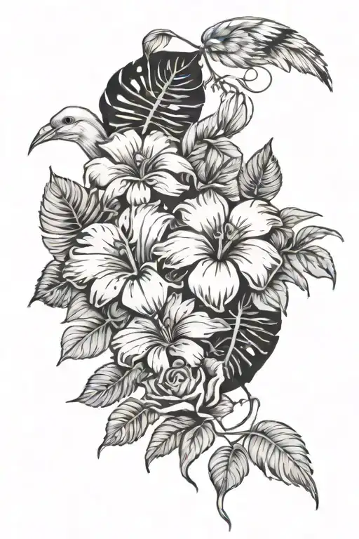 roses, monstera leaves, huming bird, iris flowers, sunflowers tattoo design idea