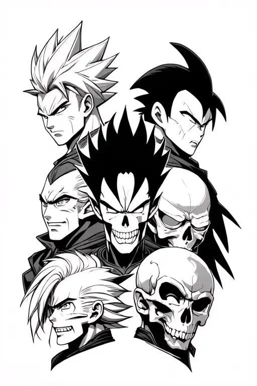 Yami,Zoro,Vegeta, Itachi ,Goku black,Skull,Frezia I need all these caracter in one tattoo  tattoo design idea