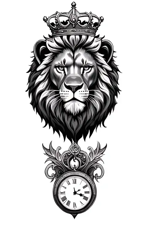 realistic lion with crown and clock on bottom  tattoo design idea