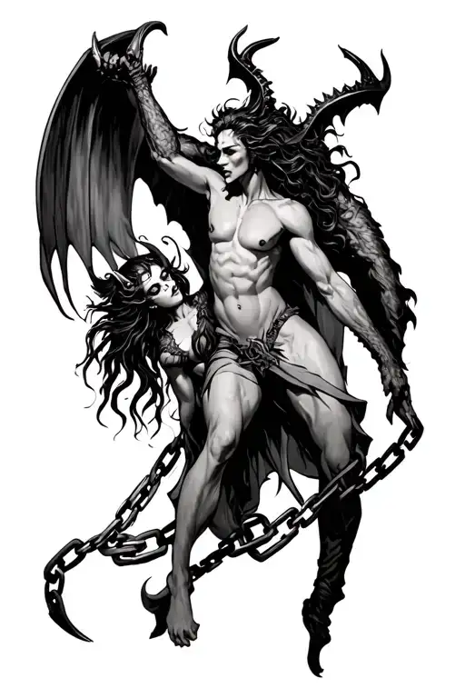 Demon king chaining a succubus tattoo design idea