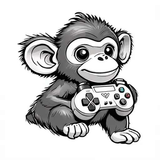 A cute monkey holding a gaming controller tattoo design idea