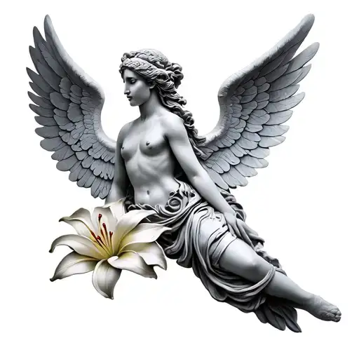 Nike of Samothrace with wings with lily flower tattoo design idea
