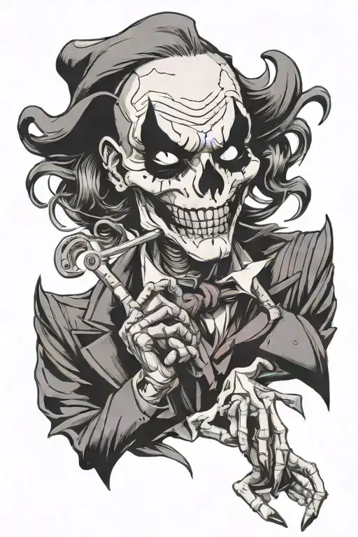 skeleton joker choosing betwin a happy face mask or a sad mask face in each hand tattoo design idea