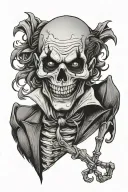 skeleton joker choosing betwin a happy face mask or a sad mask face in each hand tattoo design idea