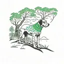 dog, green bandana, below the dog forest with acacia, river and far tree tattoo design idea