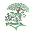 dog, green bandana, below the dog forest with acacia, river and far tree tattoo design idea