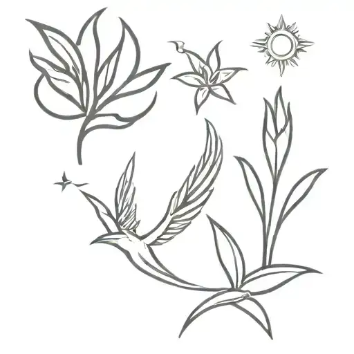 a phoenix, à shooting star, a sun and a st bernabs lily flower tattoo design idea