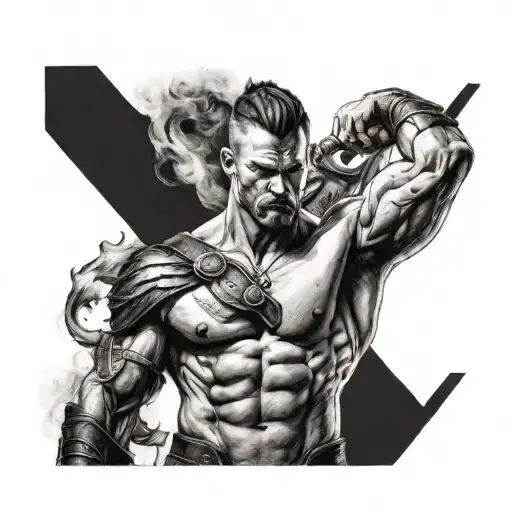 A detailed portrait of Spartacus in a fierce pose, showcasing his strength and determination tattoo design idea