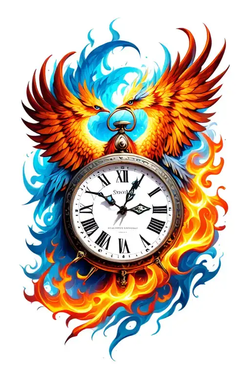 Clock burning with phoenix tattoo design idea