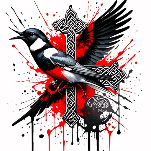 swallow bird wrapped around Celtic cross tattoo design idea