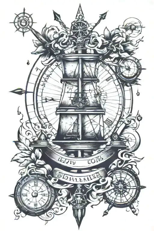 hourglass, old ship wheel, compass, map tattoo design idea