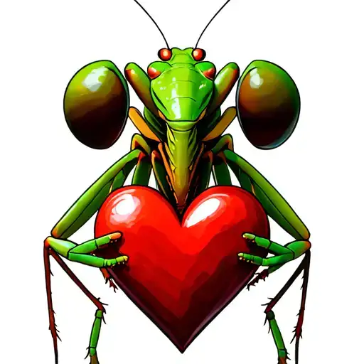 praying mantis holding a heart tattoo design idea