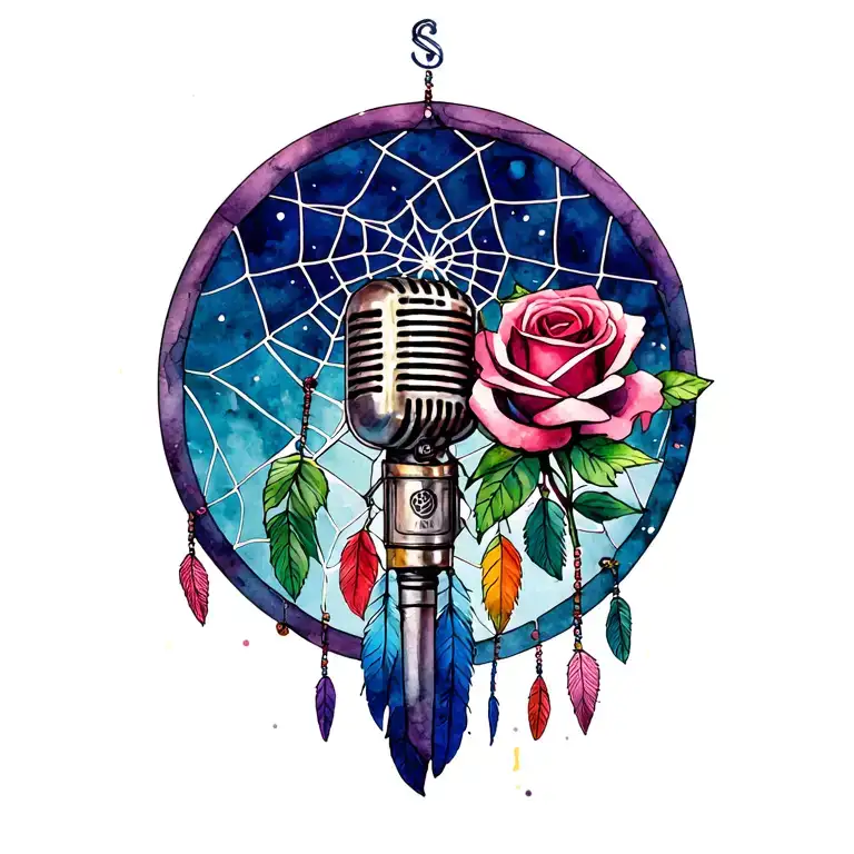dream catcher with an old school microphone and a rose in the web tattoo design idea