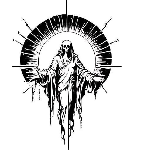 realism tattoo, envision a dark yet hopeful gothic scene that embodies death, resurrection, and divine power: tattoo design idea