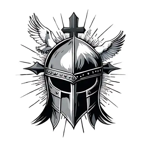 crusader helmet with sun rays and a cross with doves tattoo design idea