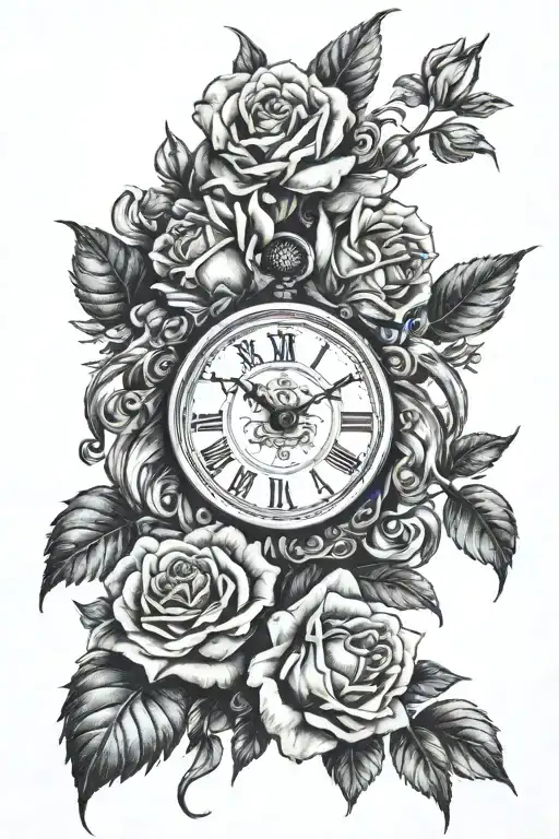 Lion and rose and clock tattoo design idea