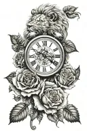 Lion and rose and clock tattoo design idea