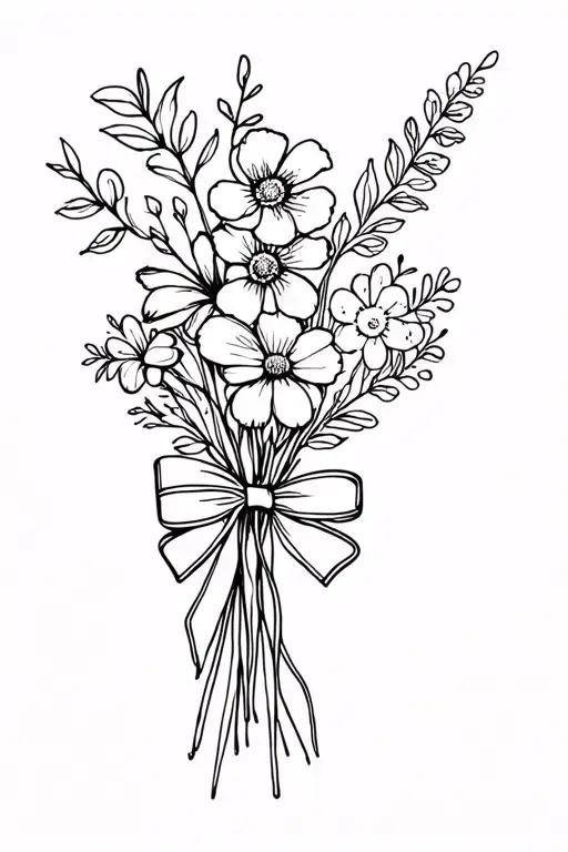 bouquet birth flowers of august, september, december, and janurary with a small bow tieing them together tattoo design idea