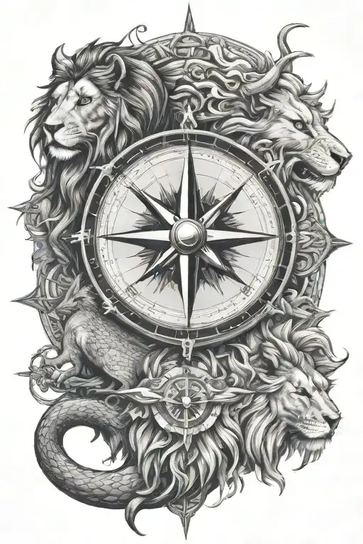 compass ,lion , dragon tattoo design idea