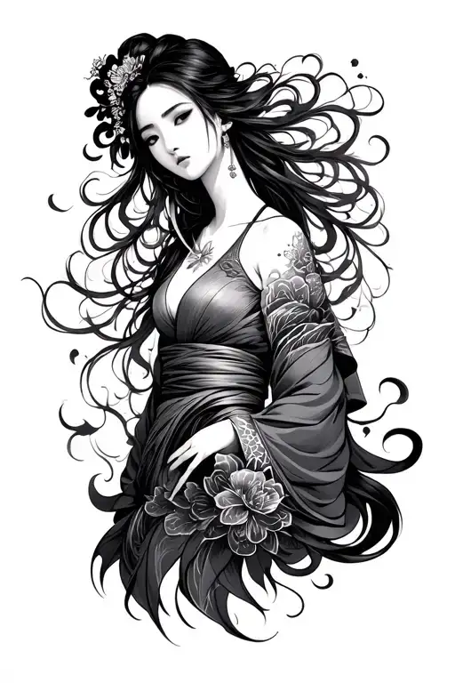 Full sleeve tattoo design in fine-line and post-manga style, featuring a mysterious Japanese woman with flowing hair, st tattoo design idea