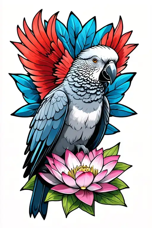 african grey parrot with red tail on blue lotus flower tattoo design idea