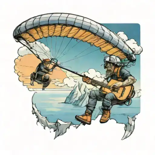 A musician playing guitar and harmonica on a paraglider high above the ocean tattoo design idea
