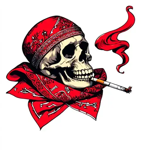red bandana wrapped around a skull smoking a cigarette tattoo design idea