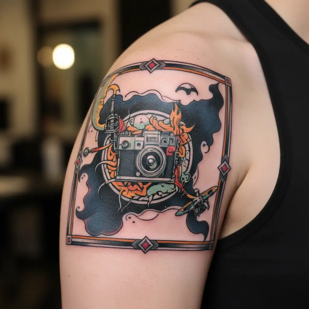 lower arm tattoo travis scott, drone, camera, moon mix tattoo design idea