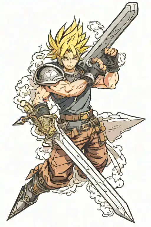 Final Fantasy 7 Cloud with Buster sword surrounded tattoo design idea