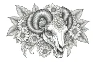 female ram skull with daisies and diamond gems tattoo design idea
