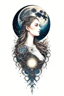 full moon with female portrait below tattoo design idea