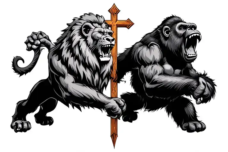 lion and gorilla roaring with cross in the center tattoo design idea