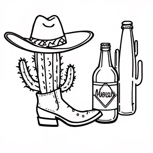 cactus, beerbottle, sombrero and cowboy hat and boots tattoo design idea