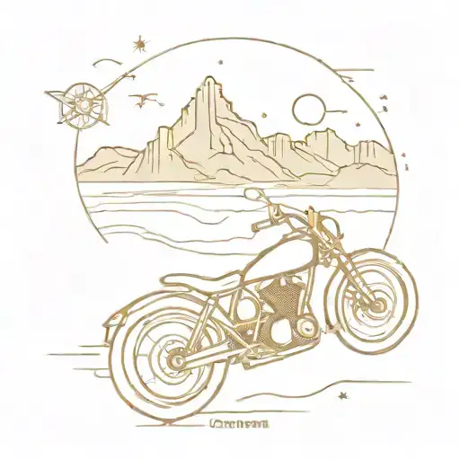 Description: Central Element: A detailed motorcycle, symbolizing the adventurous spirit. Background: A desert landscape tattoo design idea