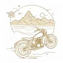 Description: Central Element: A detailed motorcycle, symbolizing the adventurous spirit. Background: A desert landscape tattoo design idea