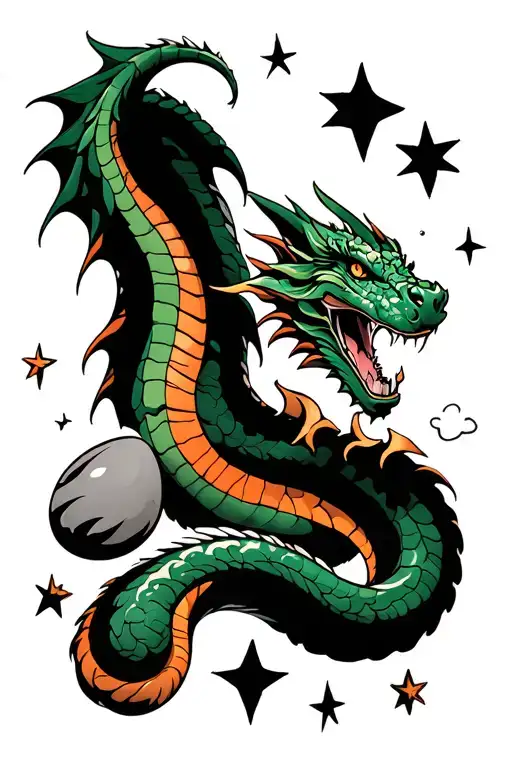 green and orange serpent dragon protecting 3 eggs admist the stars tattoo design idea