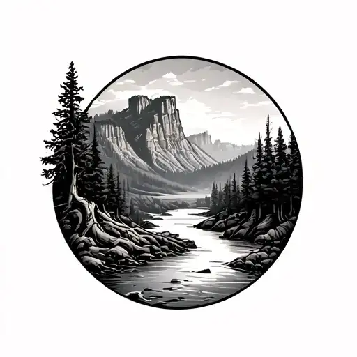 Idaho with canyon, tree roots, river  tattoo design idea