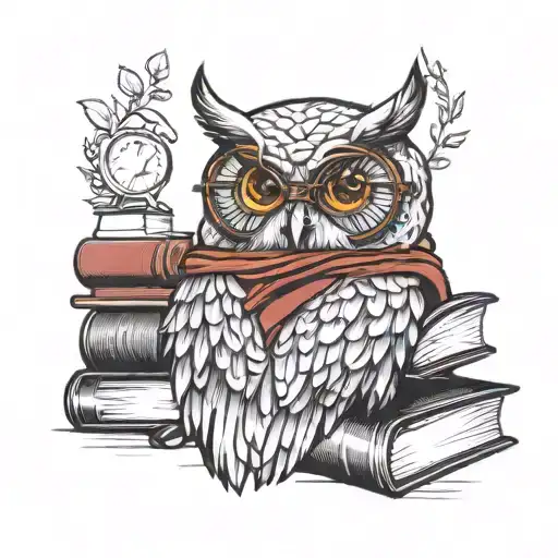 owl wearing circle glasses on top books wearing gryffindor shawl  tattoo design idea